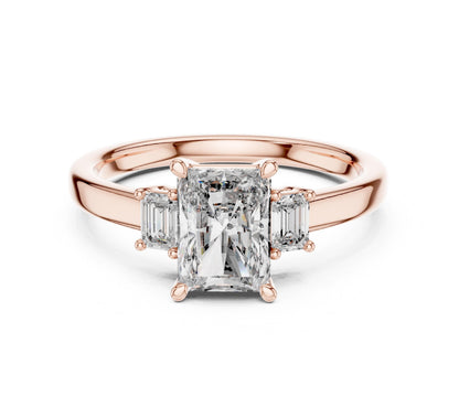Riora radiant emerald cut cubic zirconia engagement ring in gold rose silver, showcasing a sparkling central stone and elegant band.