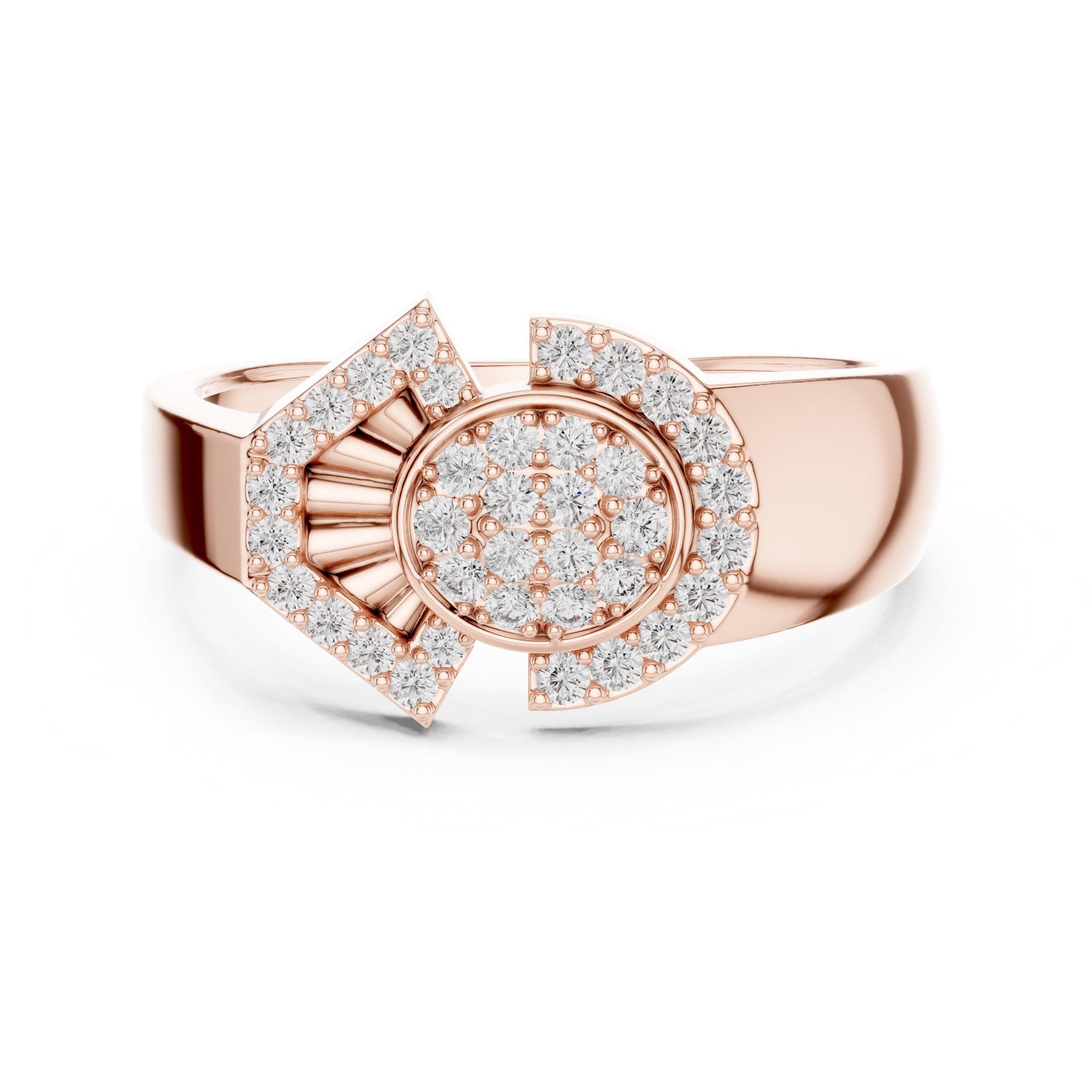 Riora luxury moissanite diamond statement ring in rose gold with a bold bridal band design, perfect for engagement or special occasions.