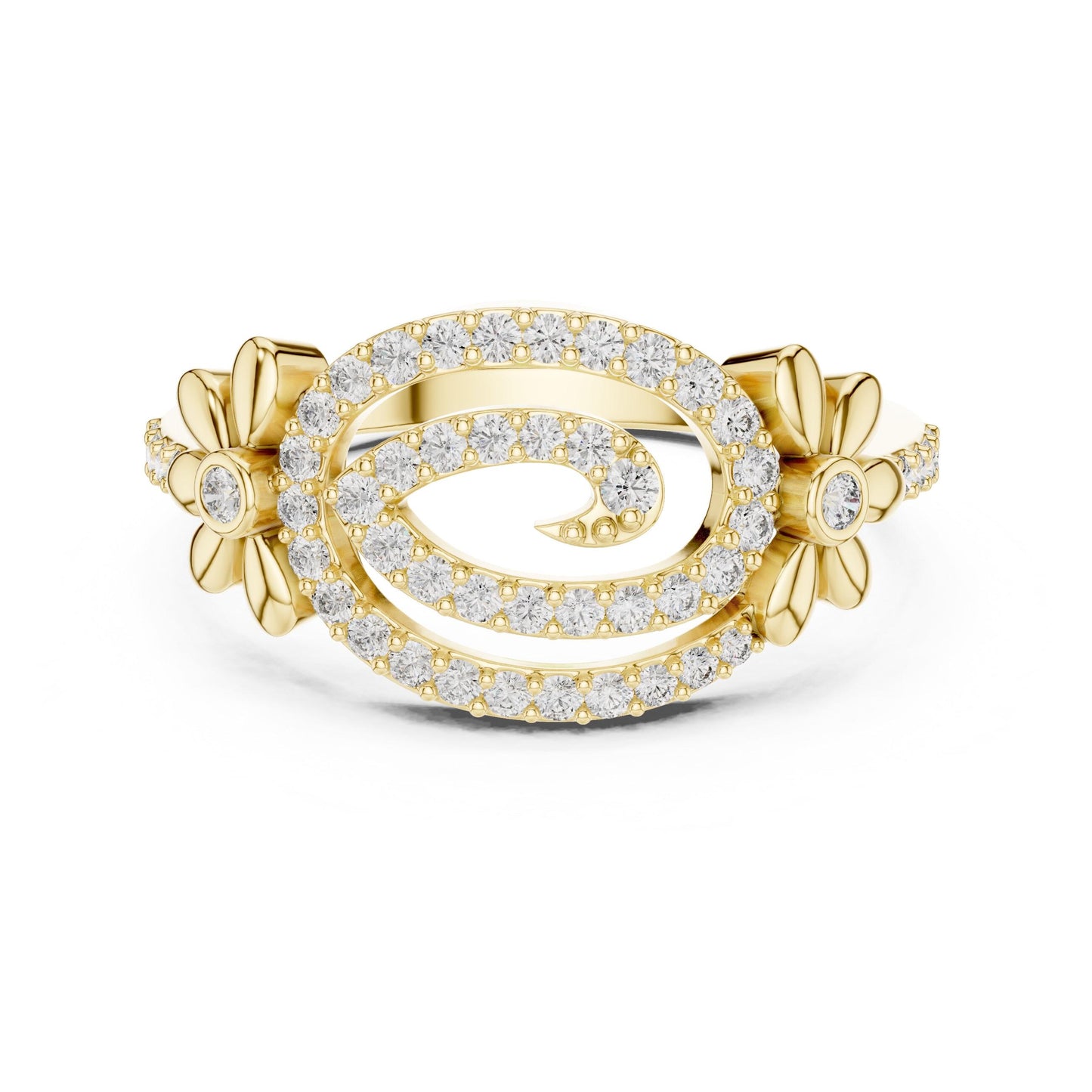 Rose gold floral swirl moissanite diamond ring by Riora, vintage-inspired engagement and bridal promise band with intricate floral design