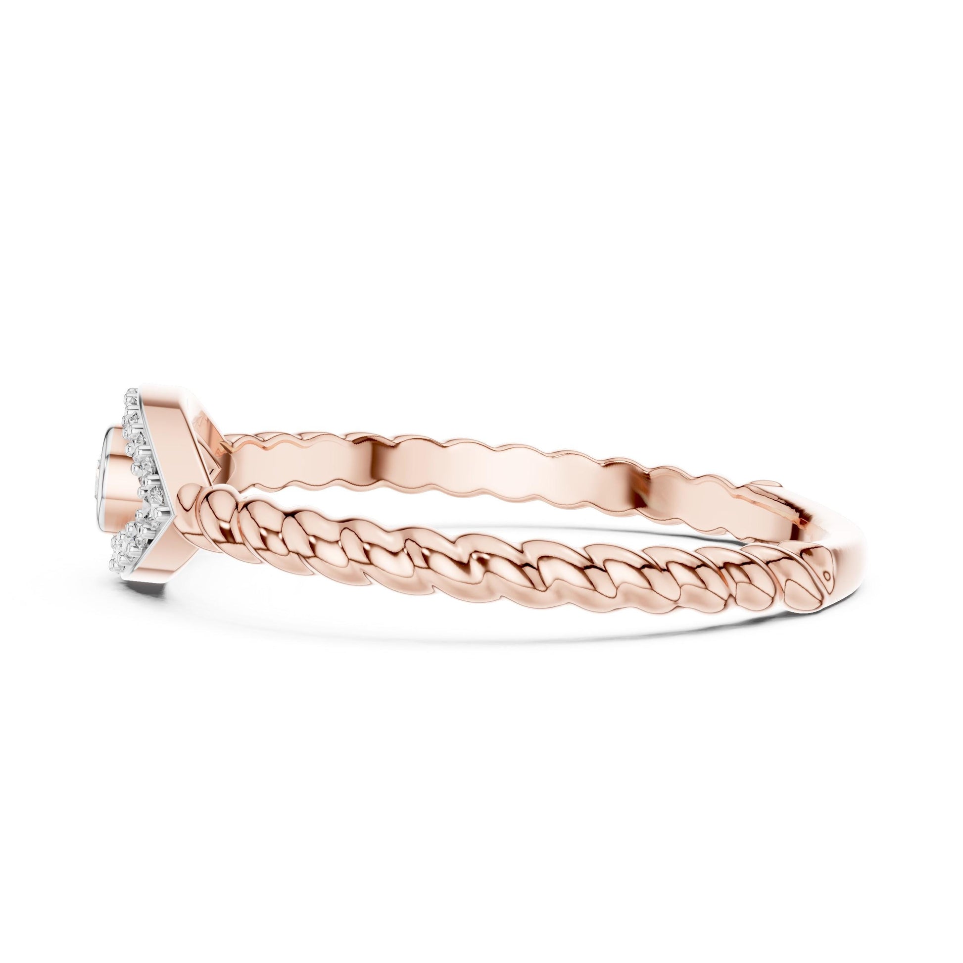 Dainty rose gold Evil Eye Moissanite ring with minimalist design, featuring a sparkling eye motif and stackable band by Riora.