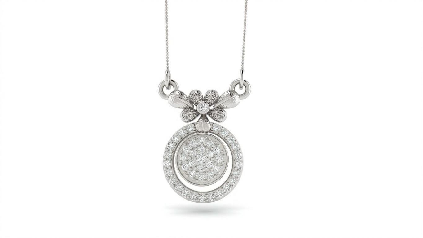Riora rose gold moissanite floral halo pendant necklace with adjustable chain, elegant bridal statement jewelry.