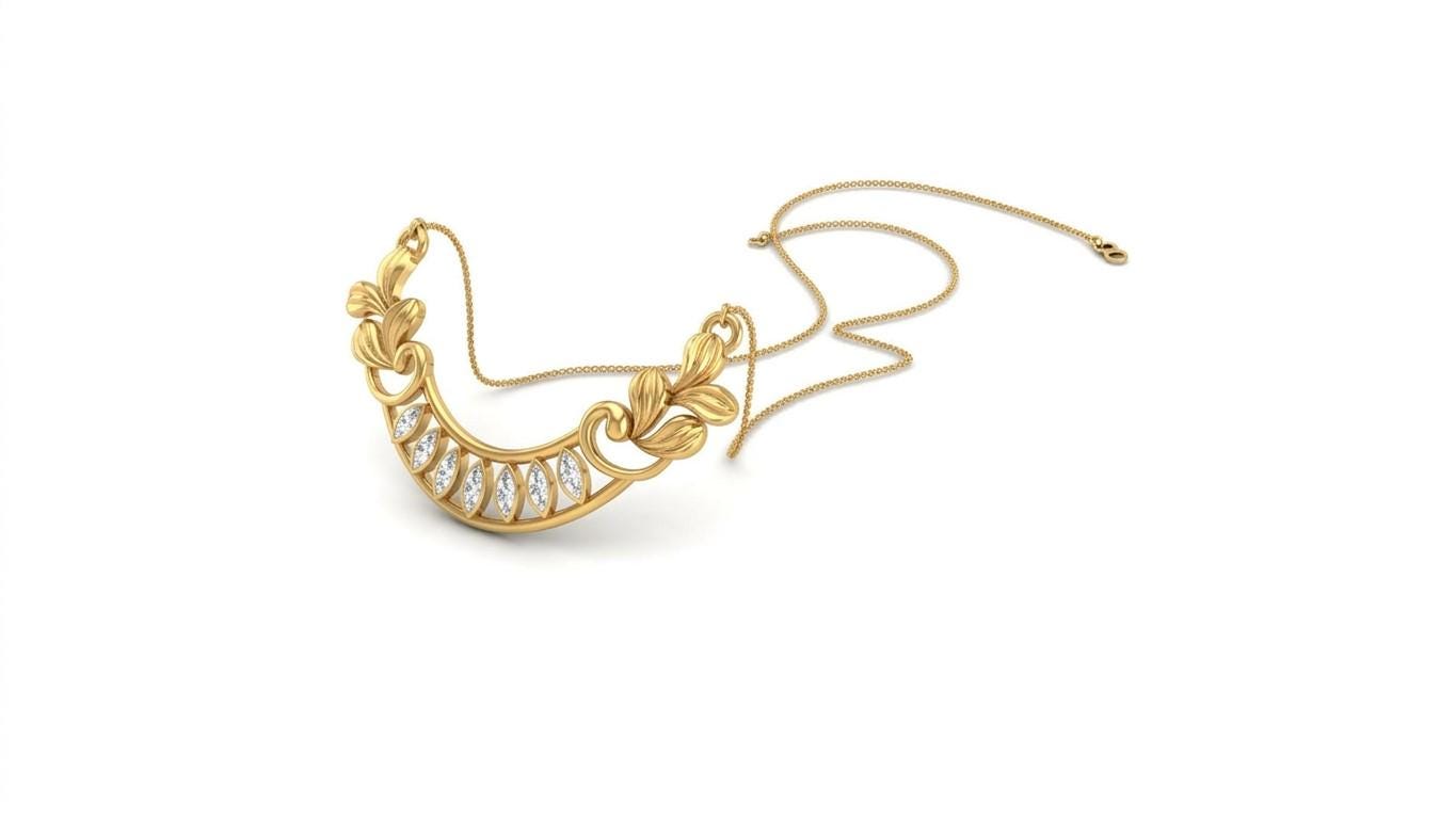 Riora Moissanite crescent necklace in gold, rose gold, and silver, featuring elegant bridal jewelry design with sparkling stones.