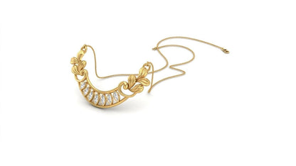 Riora Moissanite crescent necklace in gold, rose gold, and silver, featuring elegant bridal jewelry design with sparkling stones.