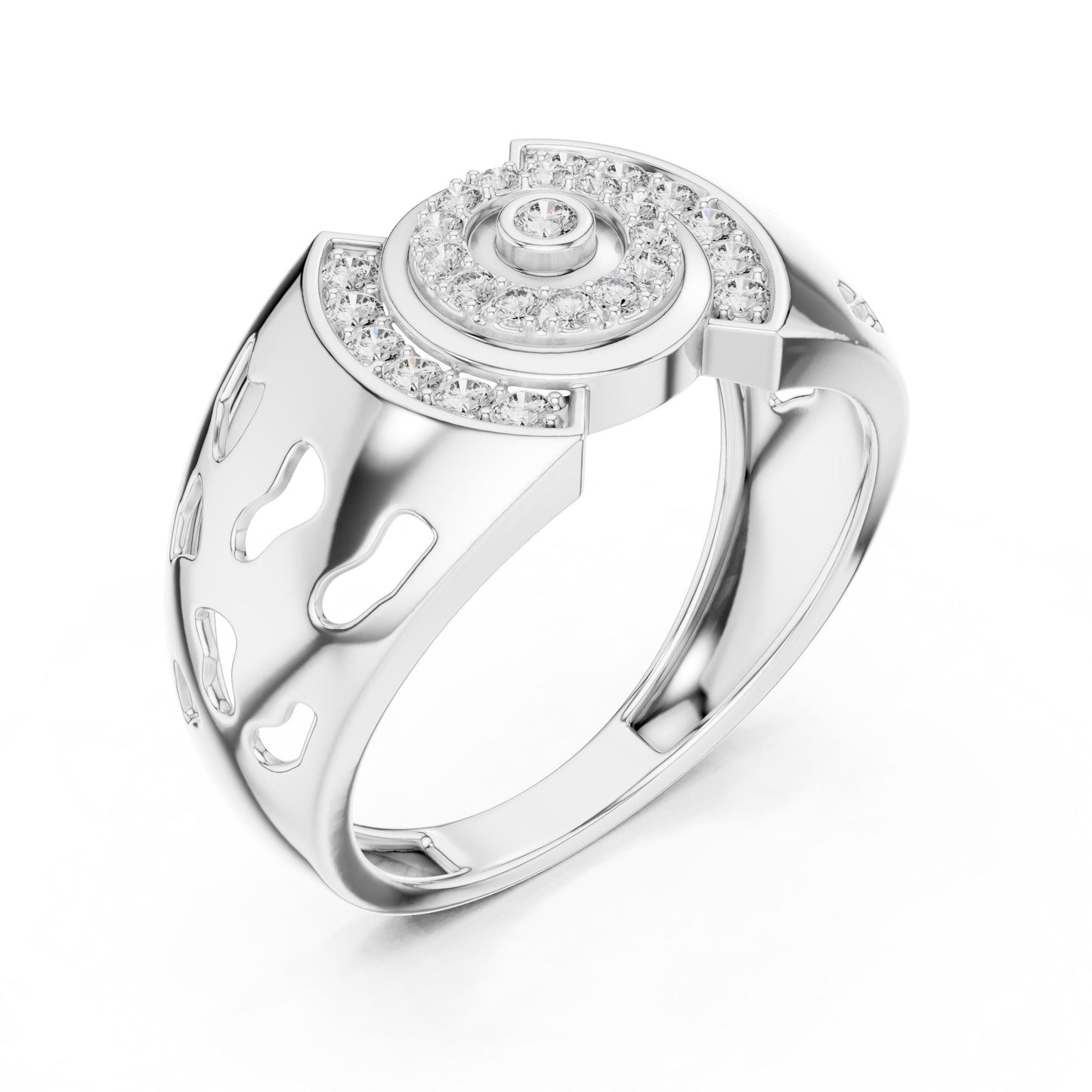 Riora luxury gold rose halo moissanite diamond statement engagement ring with intricate design and sparkling central stone.