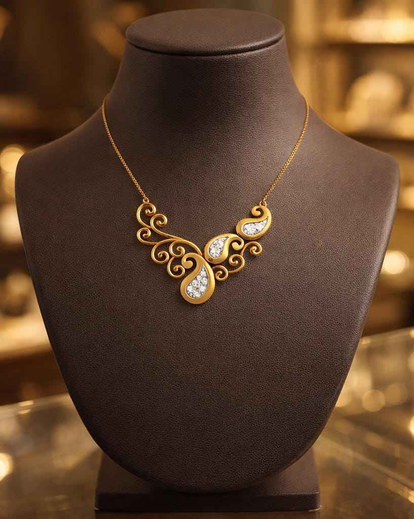 Riora moissanite scroll necklace with vintage style pendant in rose gold, silver, and gold, ideal for bridal or statement jewelry.