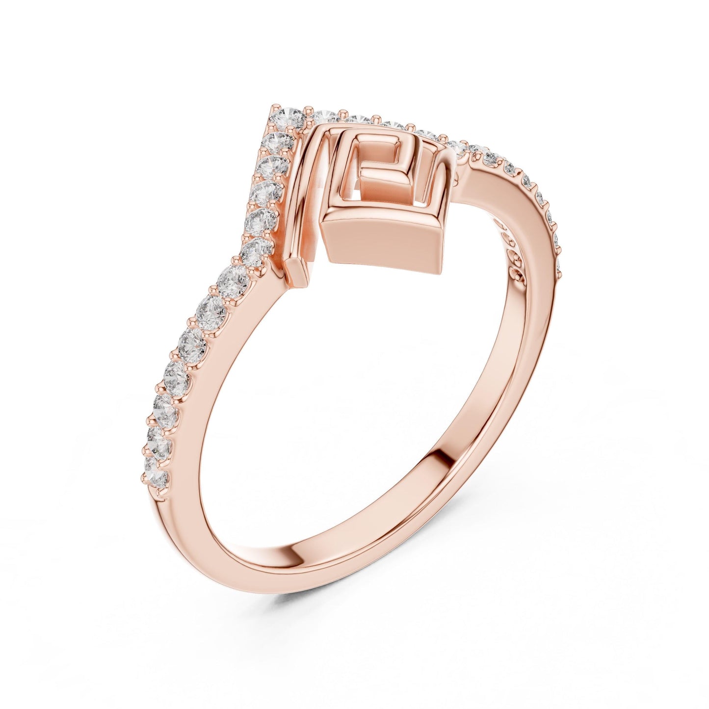 Rose gold geometric moissanite chevron ring with minimalist stacking design, perfect as a dainty wedding band or gift for her.