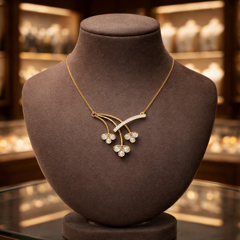 Riora moissanite floral branch necklace with delicate diamond flower pendant in rose gold, perfect for bridal and wedding jewelry.