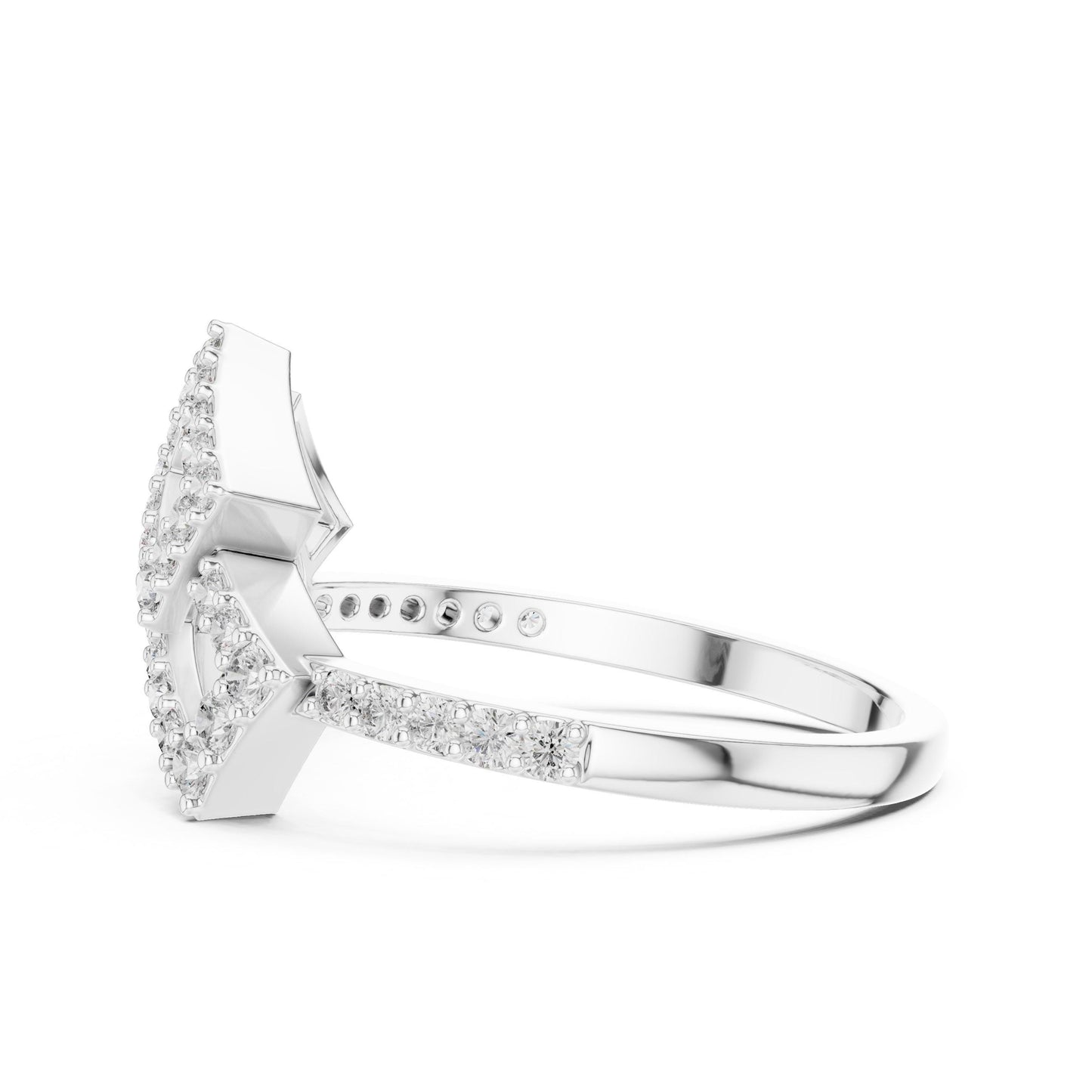 Gold geometric moissanite diamond statement ring by Riora featuring modern minimalist design and dainty luxury jewelry style.