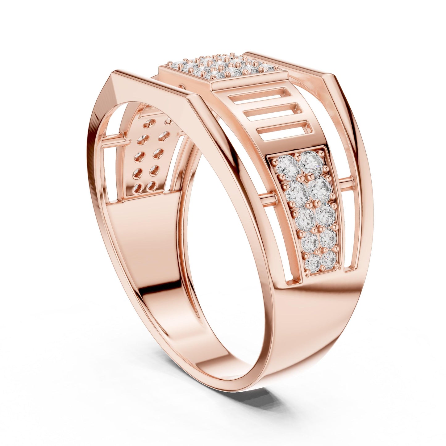 Men’s gold rose silver CZ statement ring with wide band, hypoallergenic fashion jewelry by Riora, featuring intricate design details.