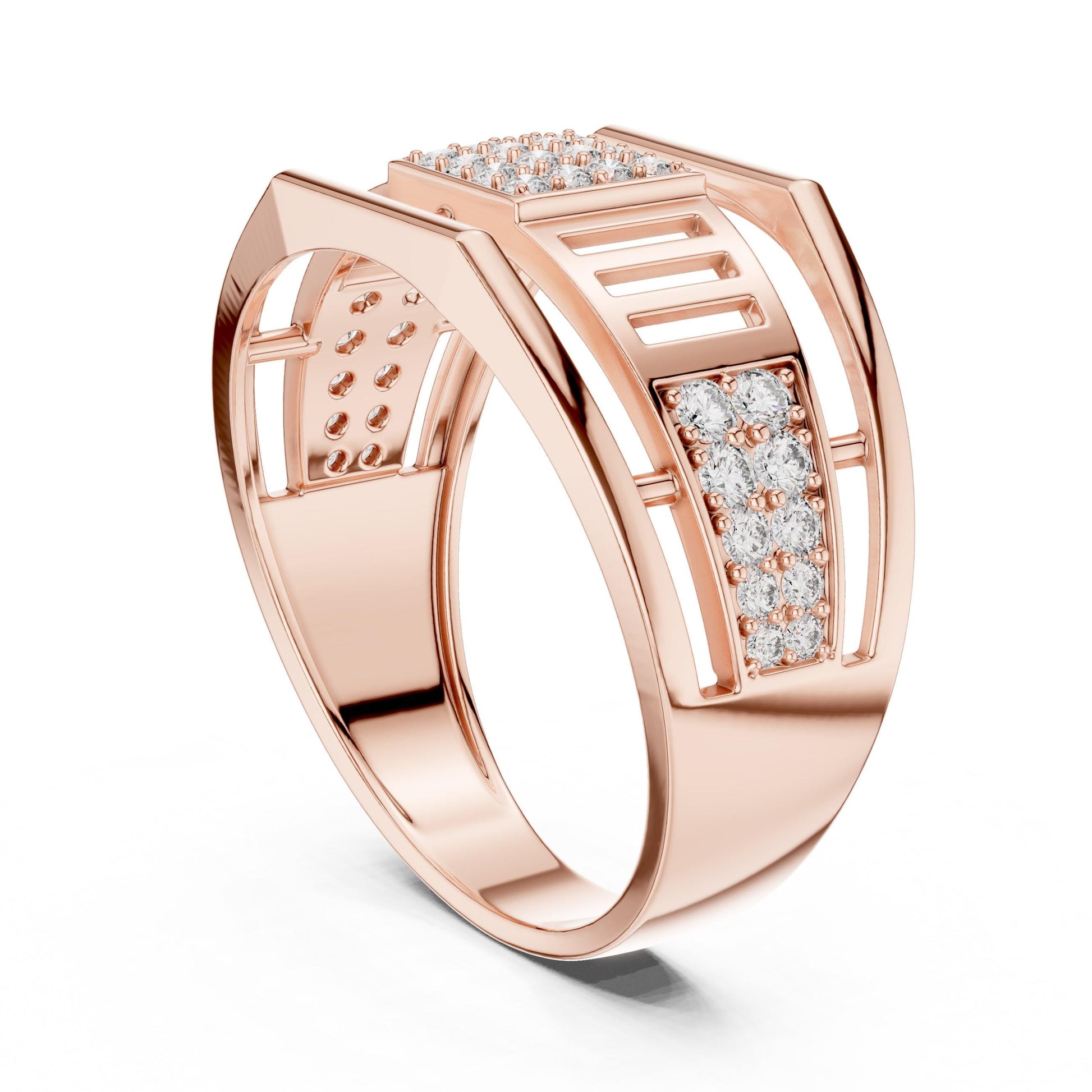 Men’s gold rose silver CZ statement ring with wide band, hypoallergenic fashion jewelry by Riora, featuring intricate design details.