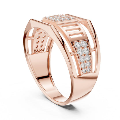 Men’s gold rose silver CZ statement ring with wide band, hypoallergenic fashion jewelry by Riora, featuring intricate design details.