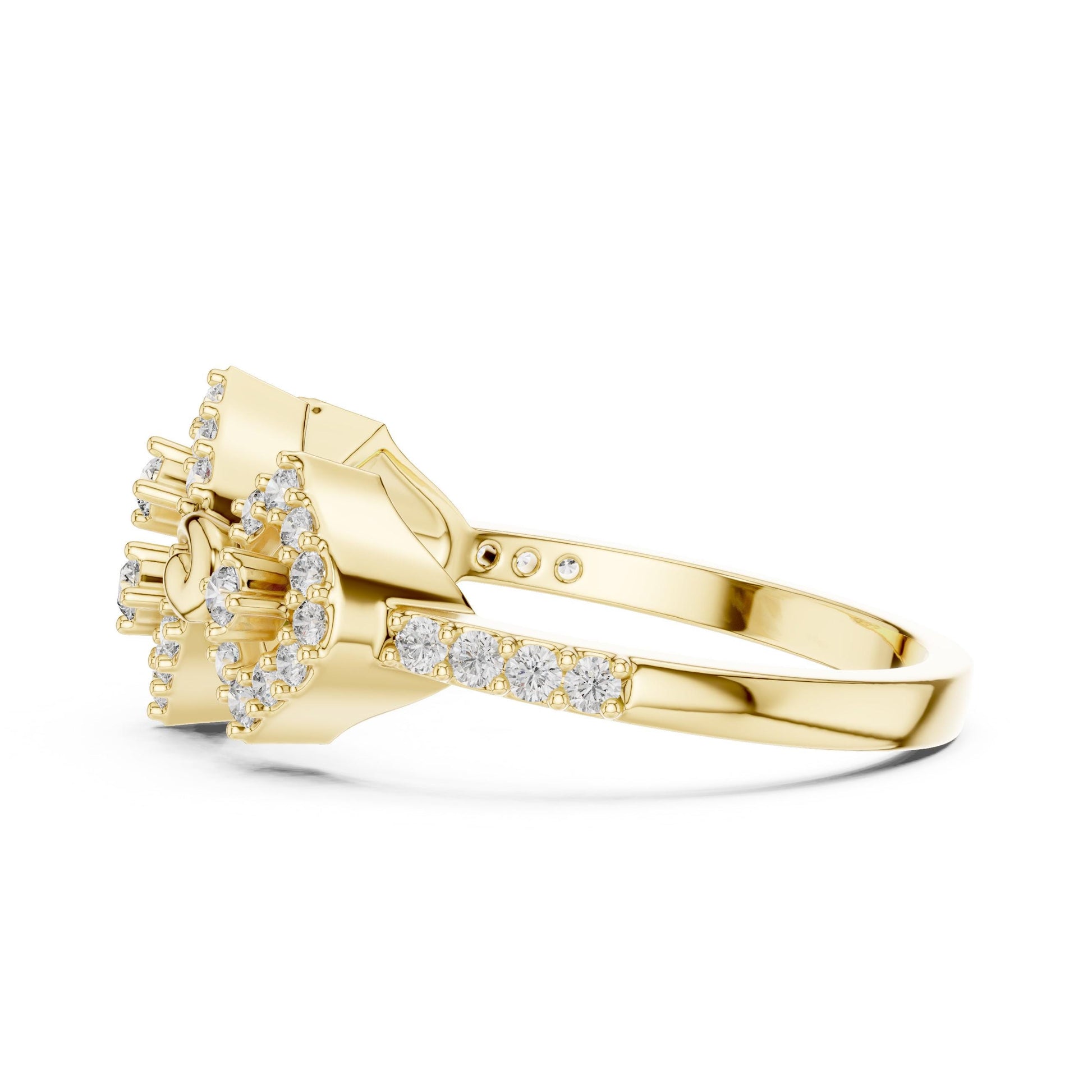 Vintage-inspired rose gold moissanite diamond halo engagement ring with art deco design and intricate detailing.