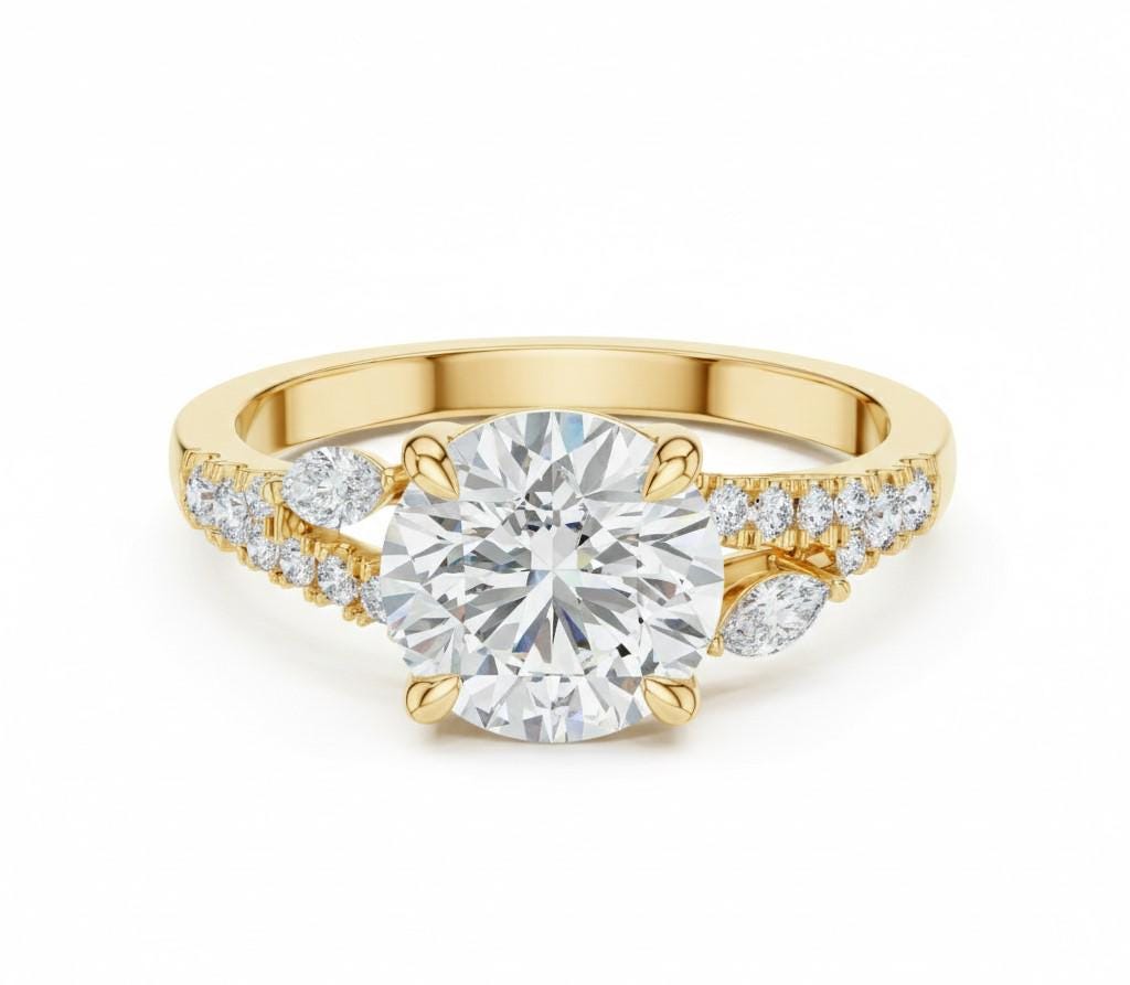 Rose gold and silver luxury engagement ring by Riora featuring romantic, nickel-free bridal jewelry with elegant design.