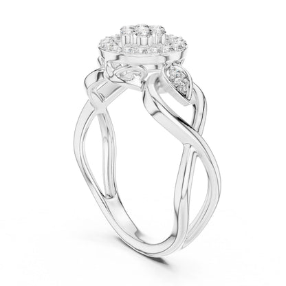 Riora Halo CZ engagement ring with floral cluster design and silver band, showcasing elegant statement jewelry for women.