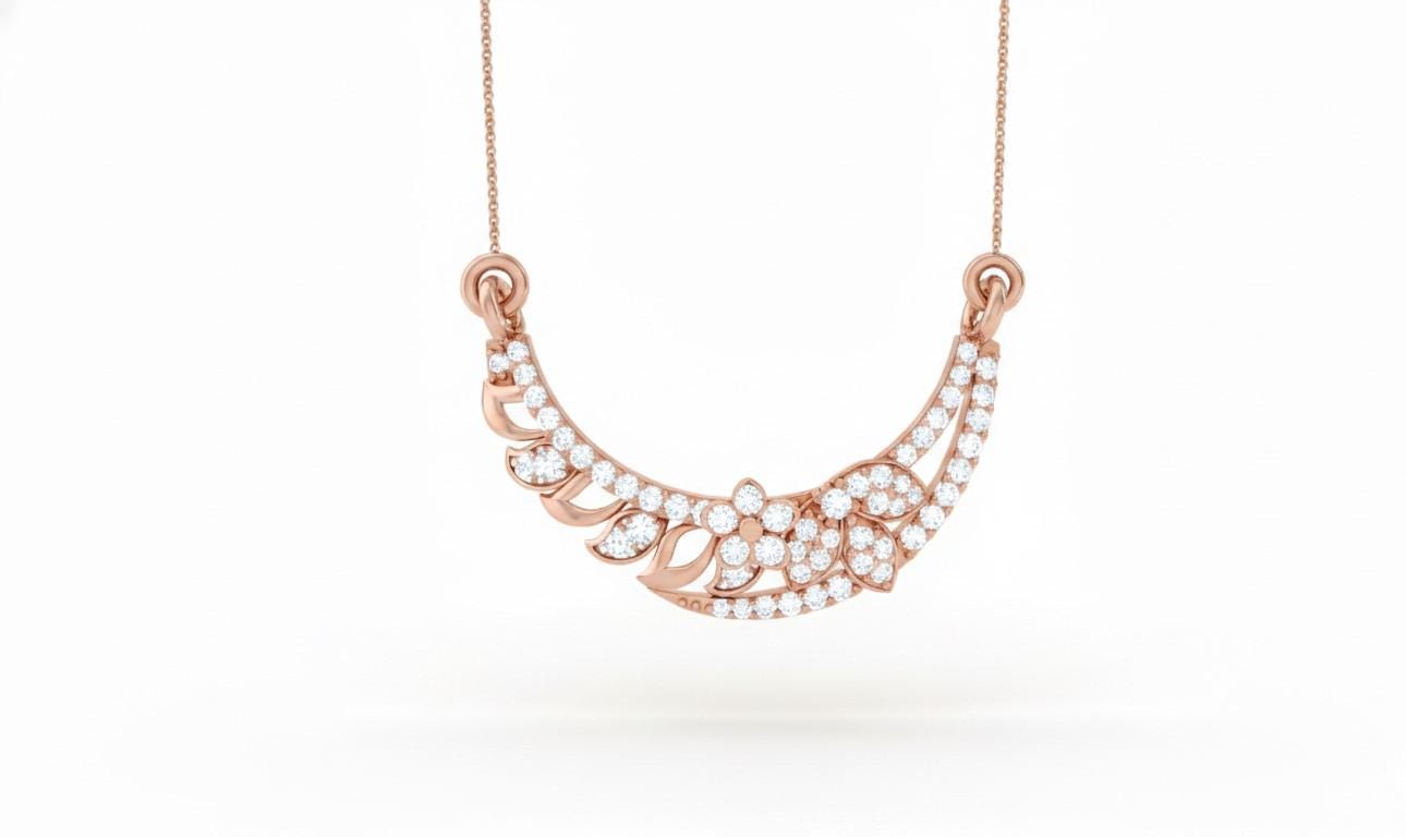 Riora rose gold leaf necklace featuring a moissanite diamond pendant, elegant minimalist bridal jewelry for women.