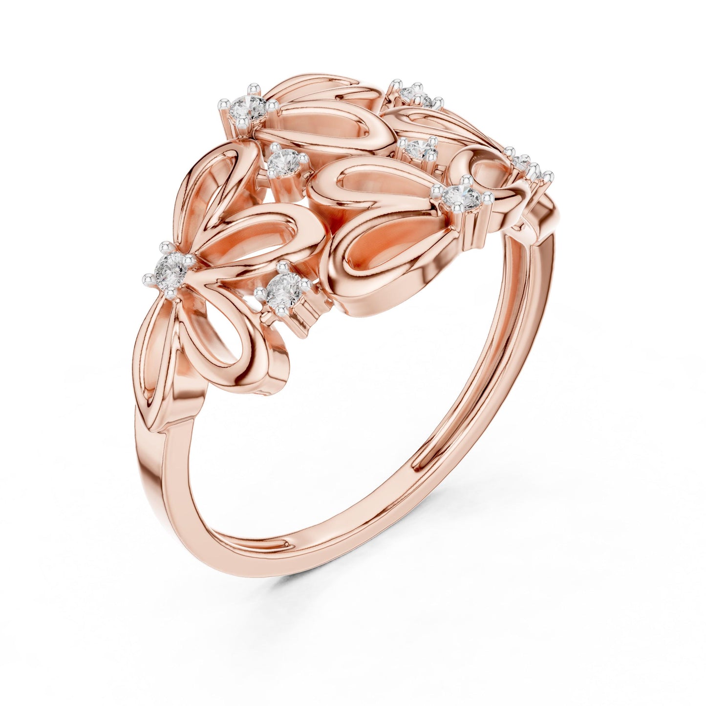 Riora rose gold floral cluster ring with moissanite and diamond accents, vintage style wedding or anniversary jewelry.