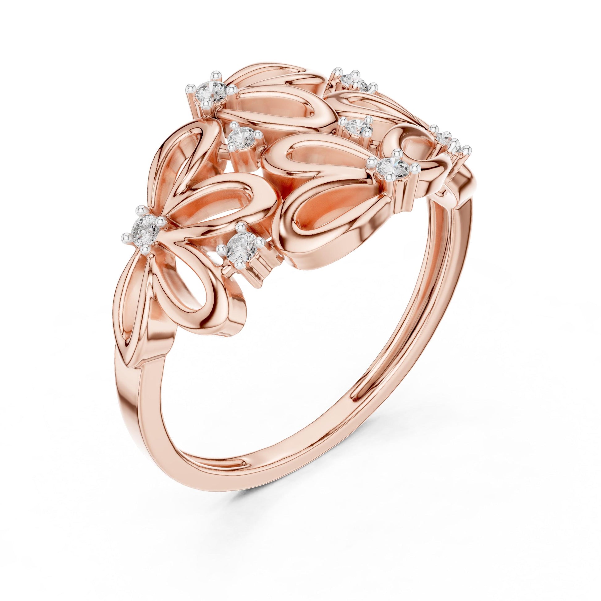 Riora rose gold floral cluster ring with moissanite and diamond accents, vintage style wedding or anniversary jewelry.
