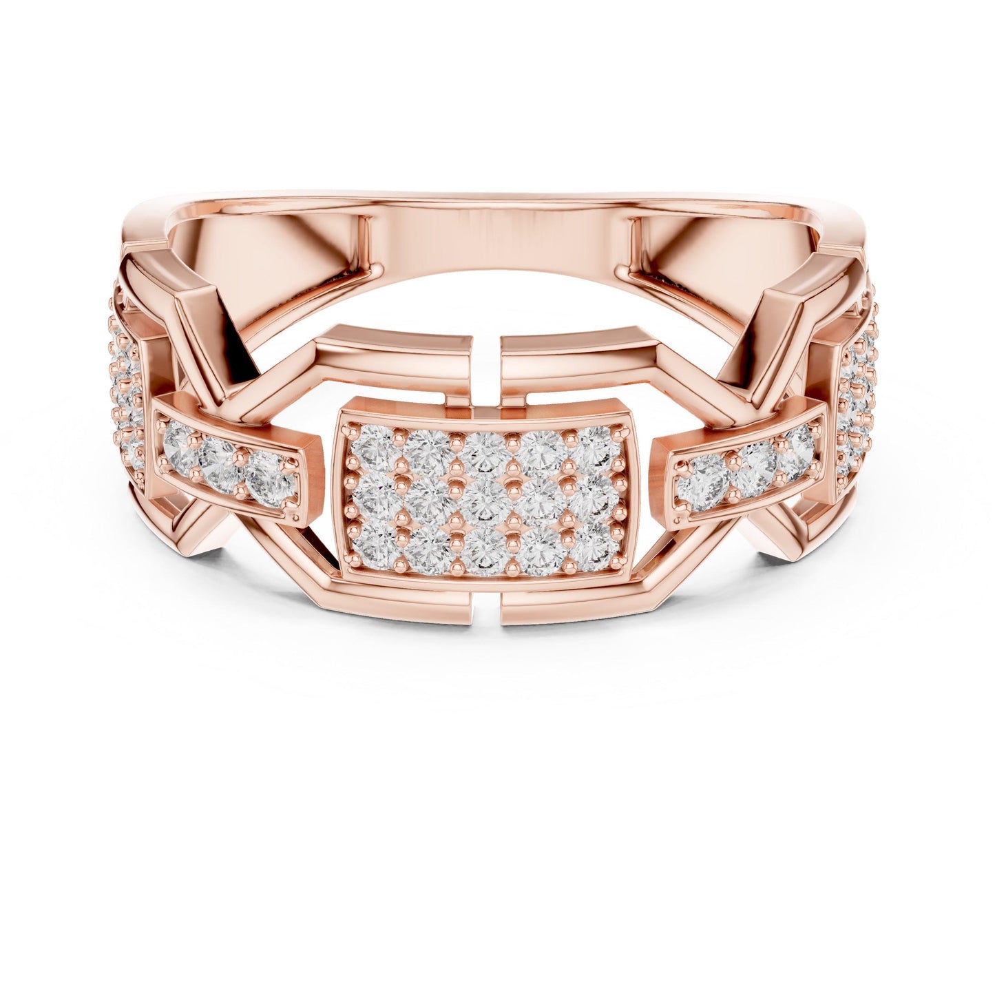 Rose gold moissanite diamond ring with a chunky band, featuring sparkling stones, perfect as statement jewelry or wedding gift.