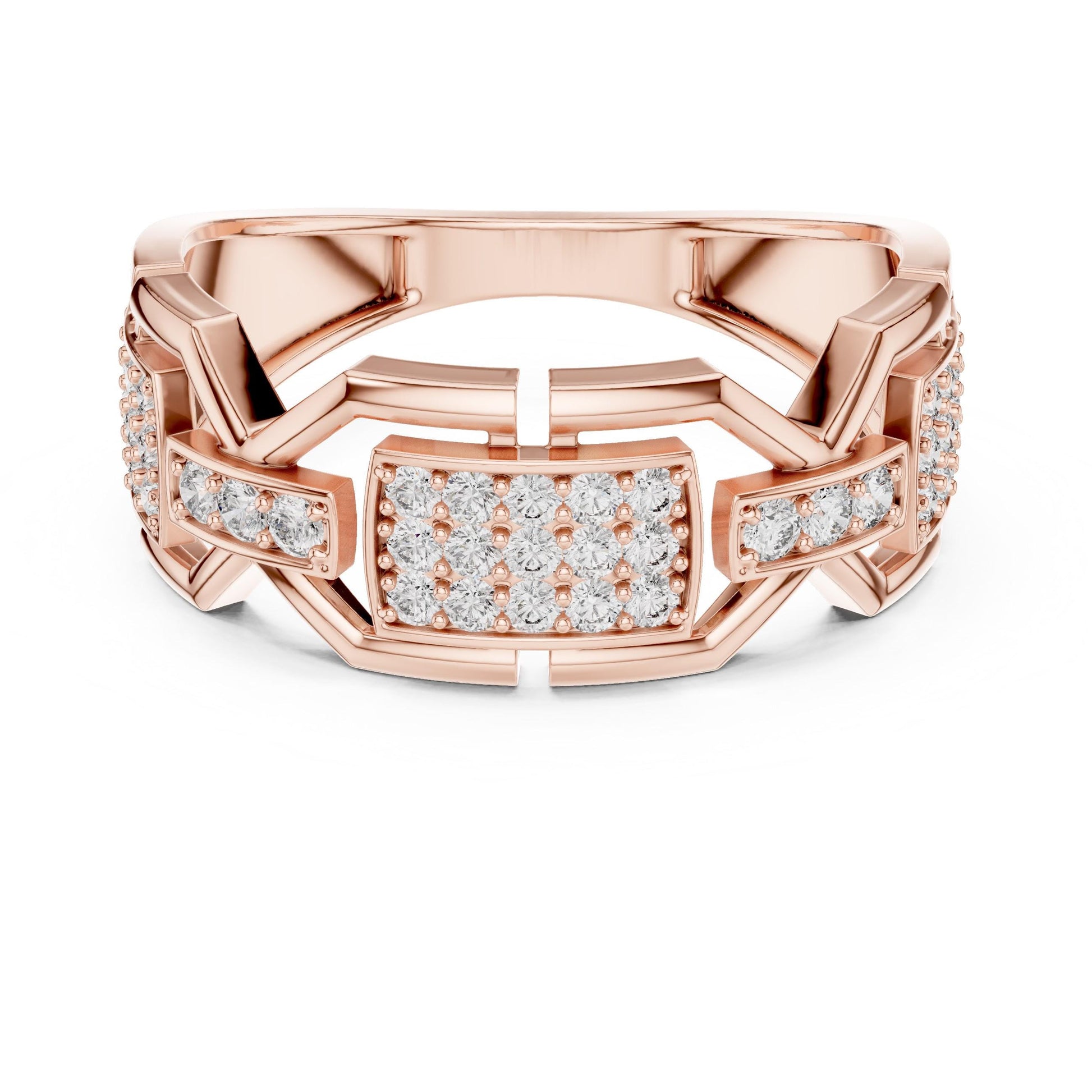 Rose gold moissanite diamond ring with a chunky band, featuring sparkling stones, perfect as statement jewelry or wedding gift.