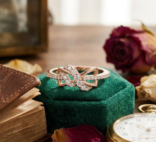 Riora infinity knot moissanite diamond ring in gold and rose gold, minimalist love promise band, dainty wedding jewelry