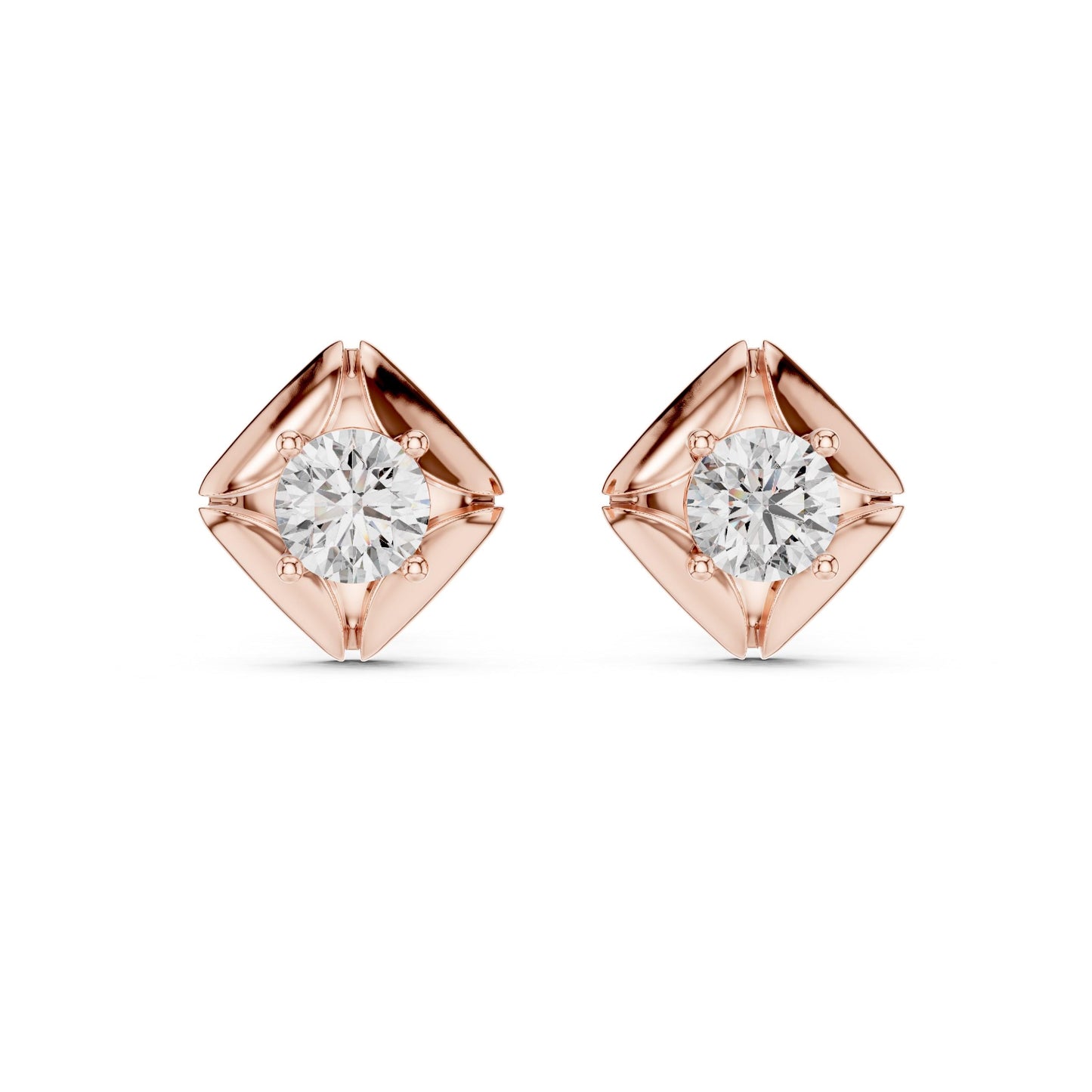 Riora moissanite diamond stud earrings in rose gold, gold, and silver, minimalist bridal wedding jewelry with elegant design