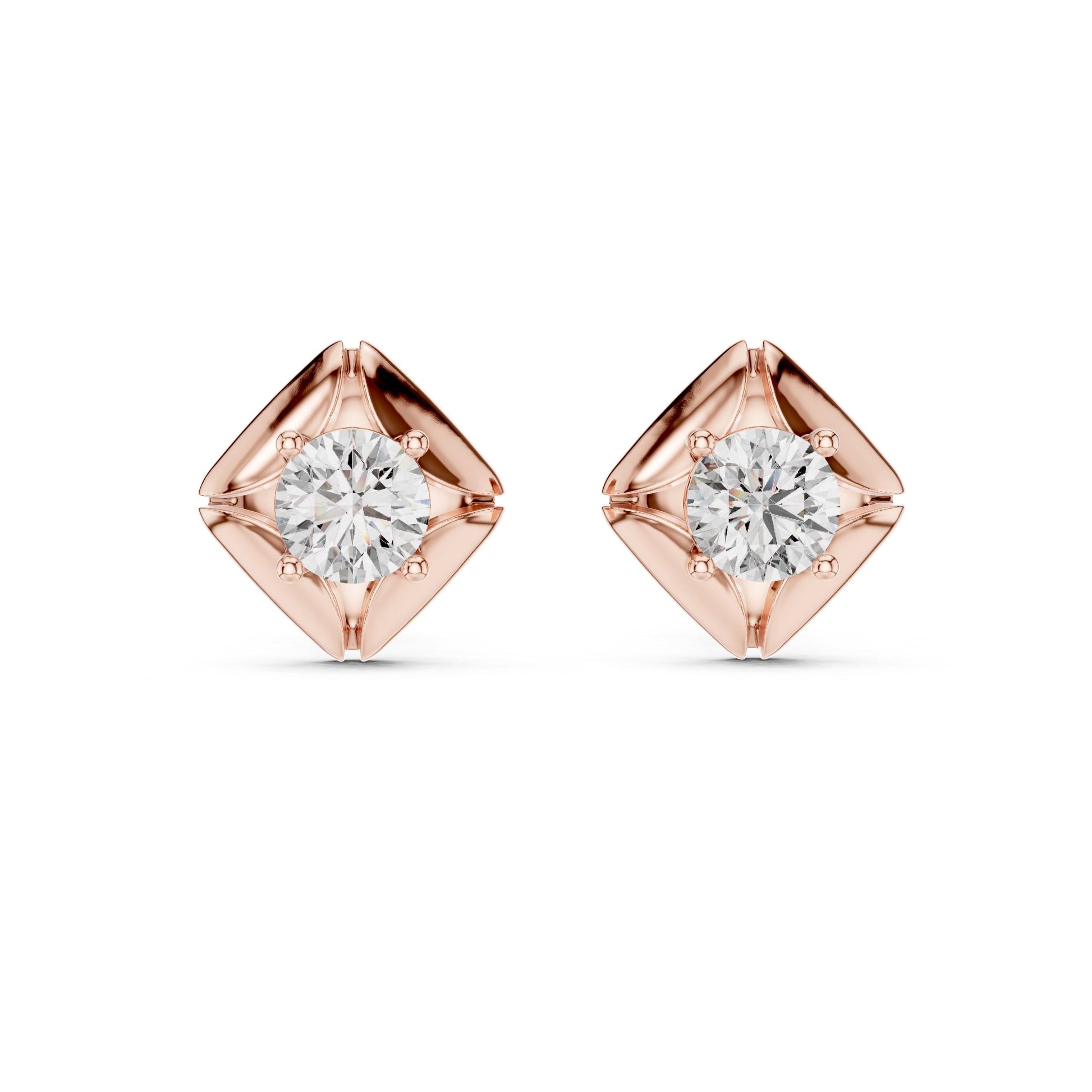Riora moissanite diamond stud earrings in rose gold, gold, and silver, minimalist bridal wedding jewelry with elegant design