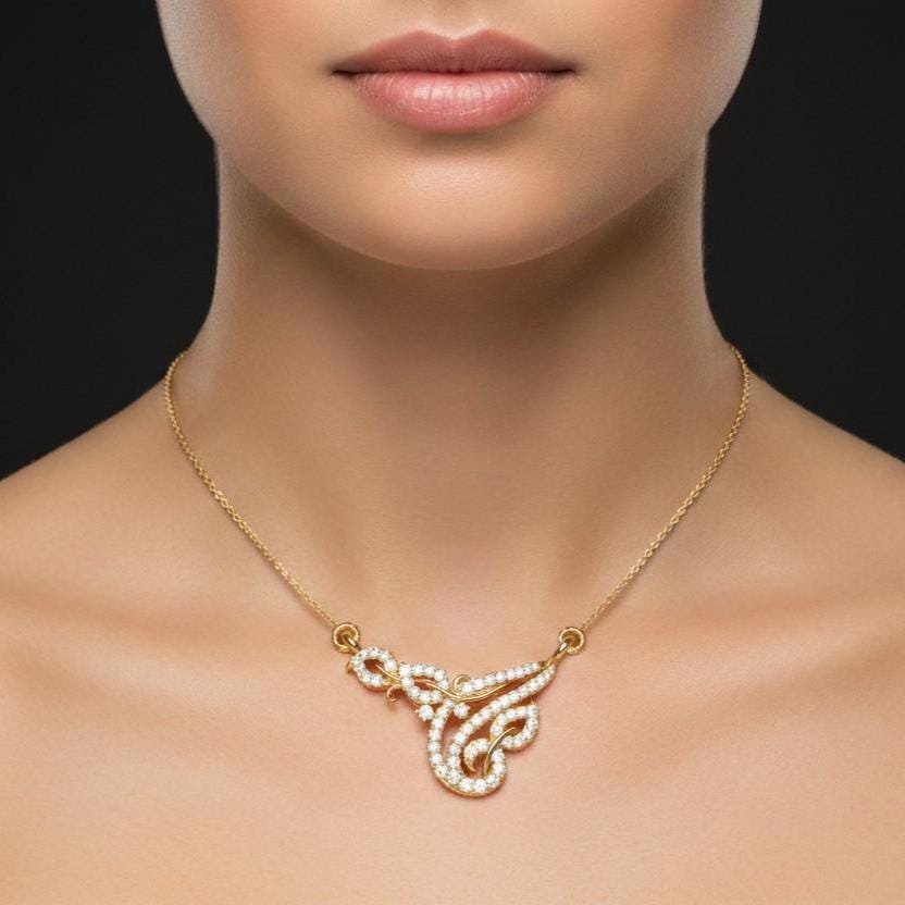Riora moissanite swirl pendant necklace in gold, rose, and silver, elegant statement jewelry for bridal or anniversary gifts