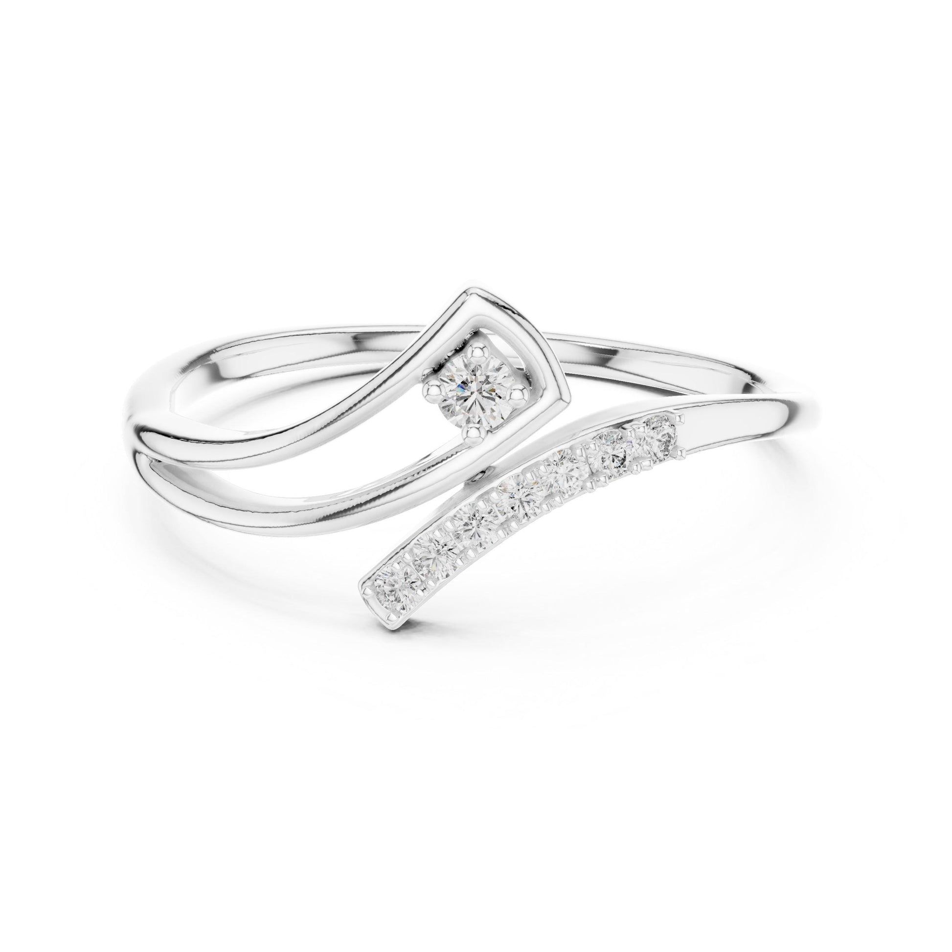 Riora Moissanite Wave Ring with curved diamond-style design, minimalist open wrap engagement ring in silver, gold, or rose gold.
