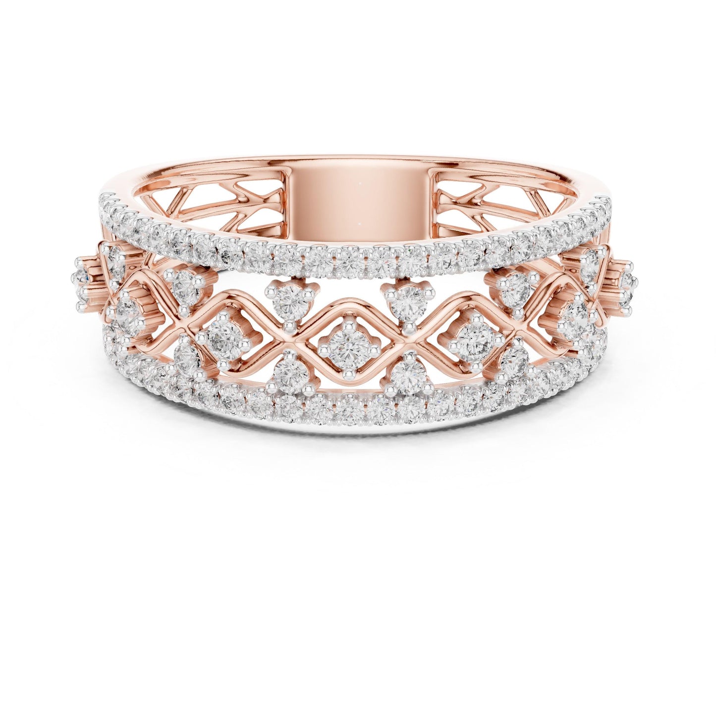 Riora vintage moissanite diamond eternity band with lattice design in rose gold and silver, perfect for wedding or anniversary jewelry.