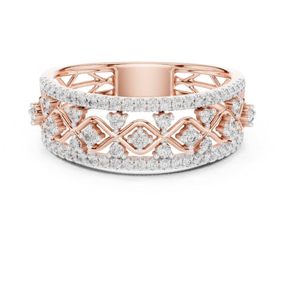 Riora vintage moissanite diamond eternity band with lattice design in rose gold and silver, perfect for wedding or anniversary jewelry.