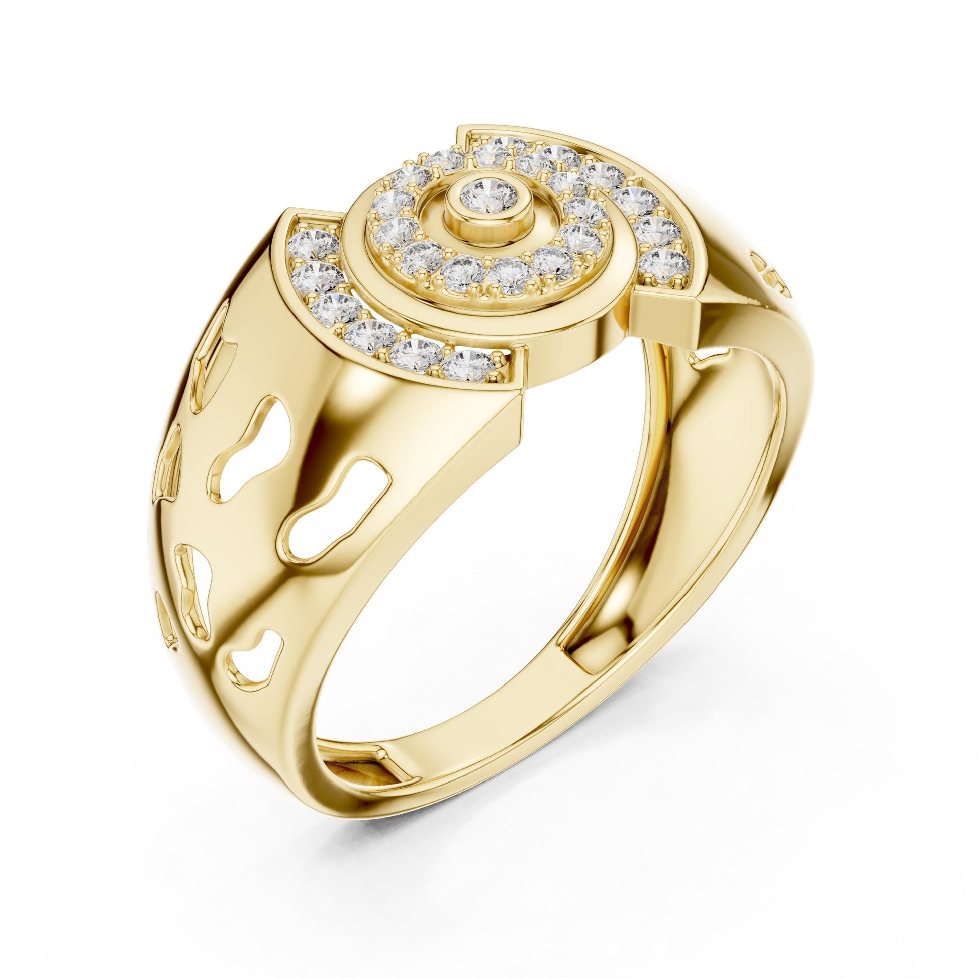 Riora luxury halo moissanite diamond statement ring in gold rose, bridal engagement or wedding anniversary jewelry.