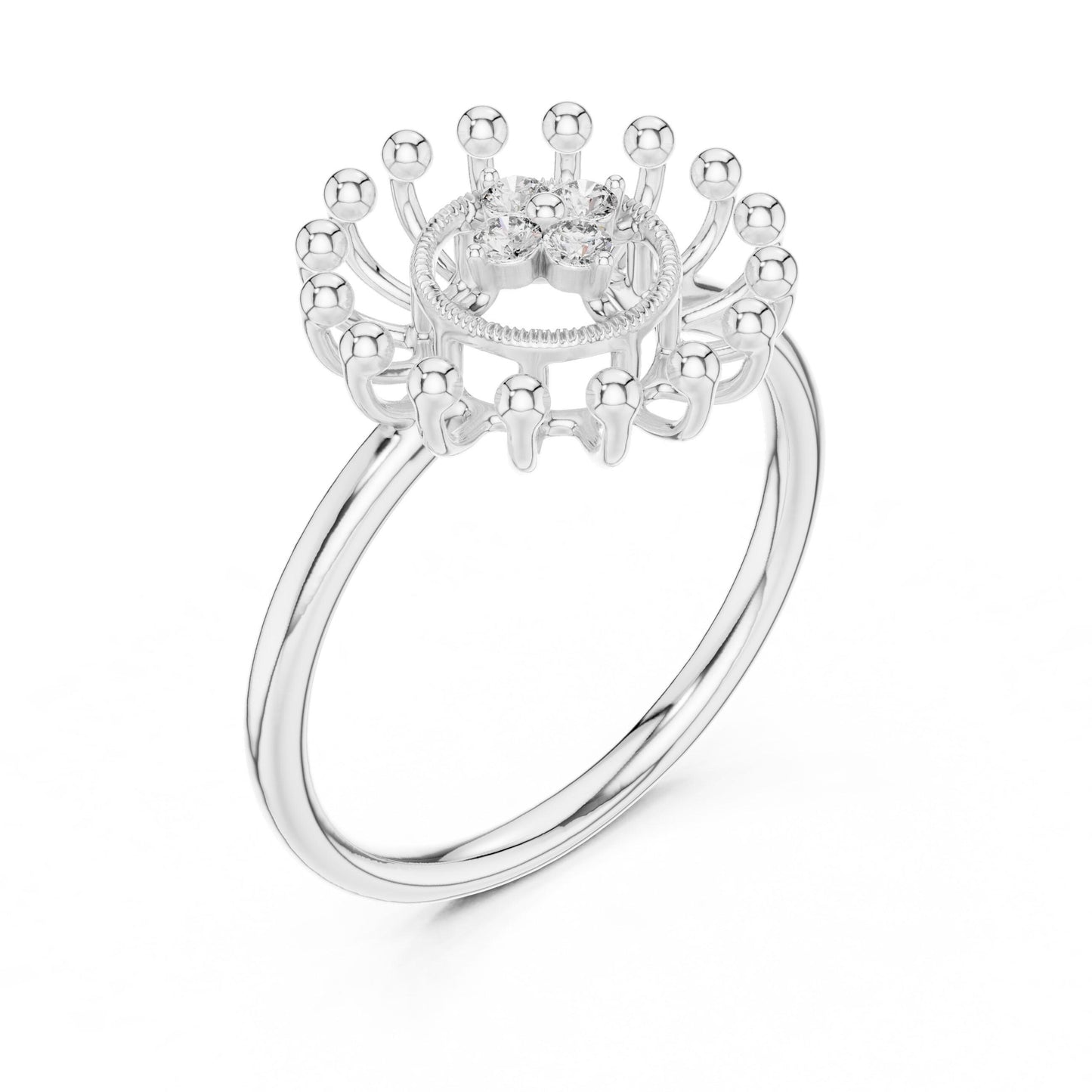 Riora moissanite sunburst halo ring in rose gold, silver, vintage celestial design, detailed with sparkling gemstones and intricate metalwork