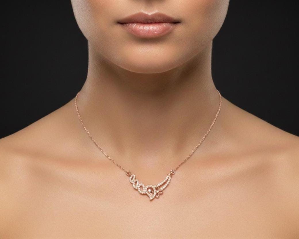 Rose gold floral swirl necklace with moissanite diamonds, elegant pendant perfect for wedding jewelry or special gift for her.