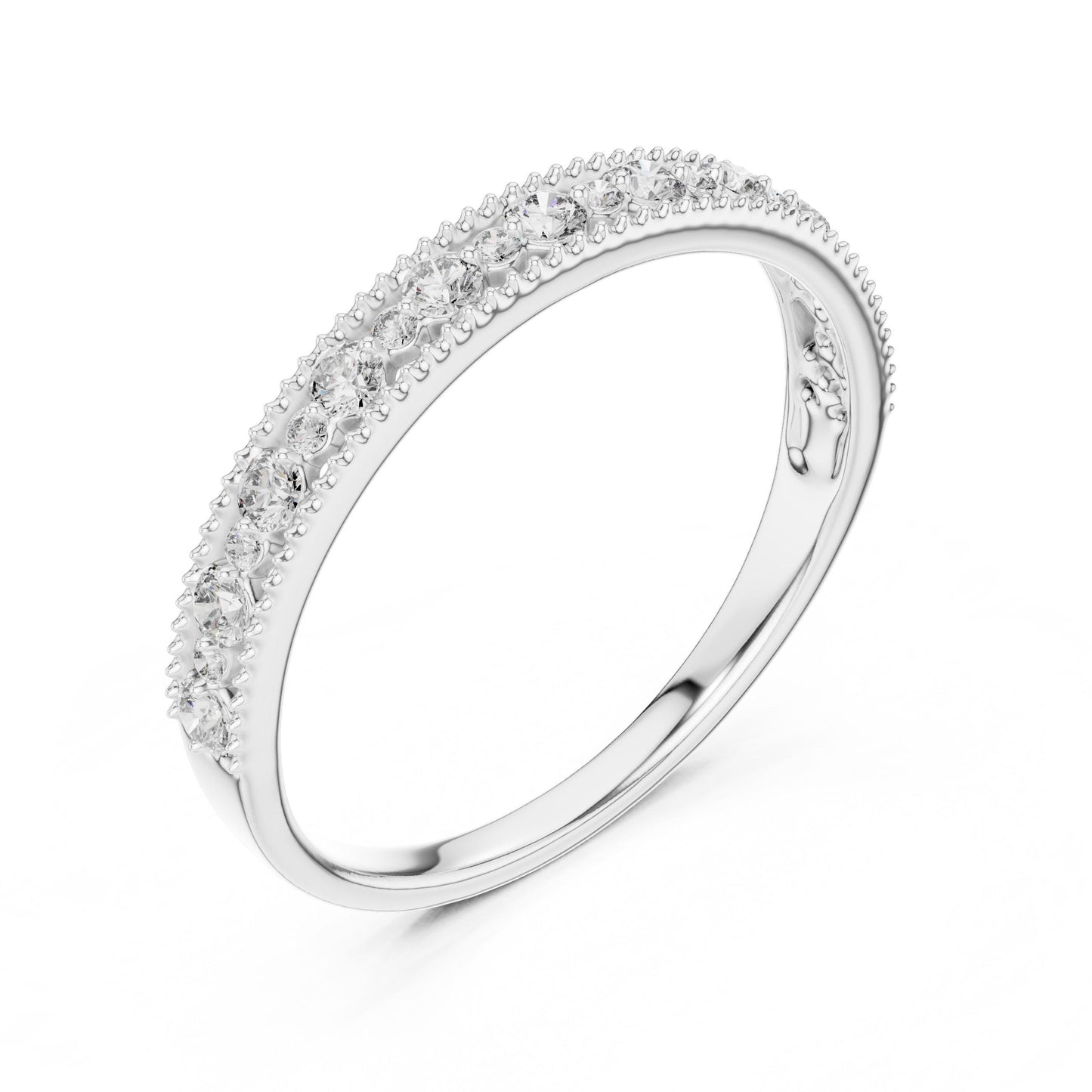 Riora moissanite eternity wedding band in rose gold, gold, and silver, stackable bridal ring with sparkling gemstones.