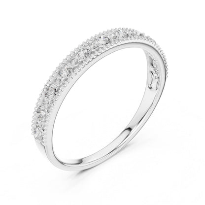 Riora moissanite eternity wedding band in rose gold, gold, and silver, stackable bridal ring with sparkling gemstones.