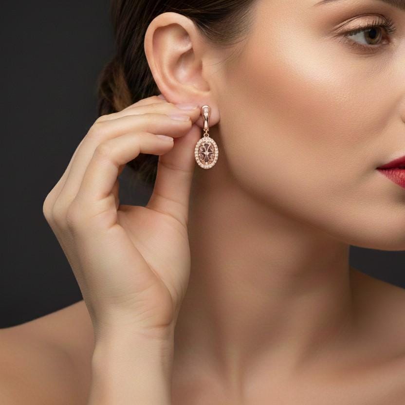 Moissanite Oval Drop Stud Earrings | Hypoallergenic Filigree Dangle Earrings | Gold, Rose Gold & Silver | Riora