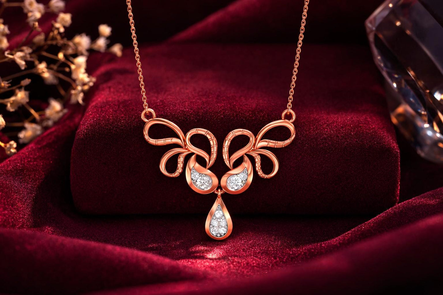 Riora moissanite swan drop necklace with gold, rose gold, or silver pendant, elegant bridal jewelry with minimalist luxury design