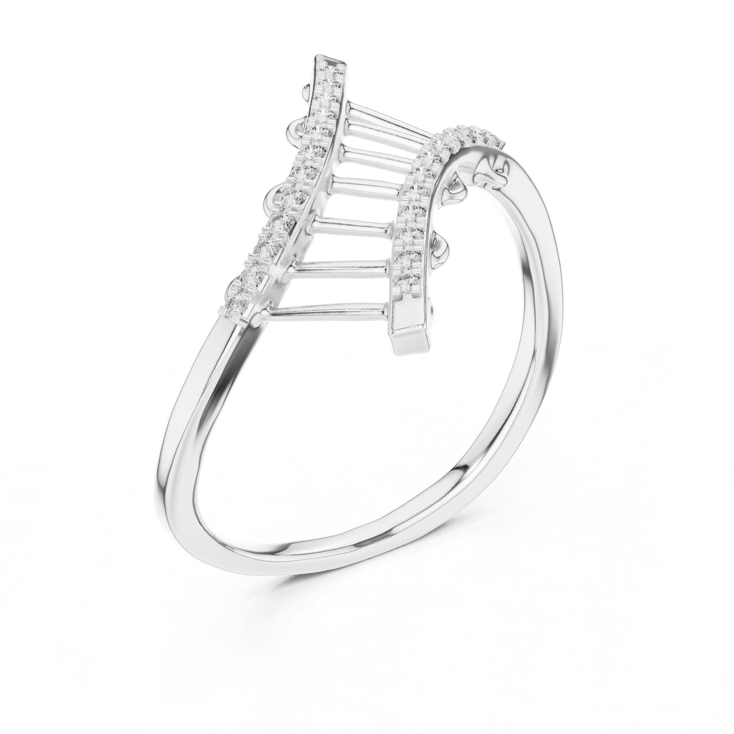 Rose gold curved moissanite crossover ring with open ladder design, minimalist statement band, by Riora.