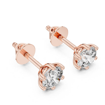 Riora rose gold moissanite diamond stud earrings, minimalist dainty jewelry for everyday wear or bridal occasions.