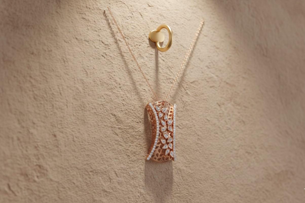 Riora moissanite leaf pendant necklace in gold, rose, and silver, showcasing a delicate leaf design on a hypoallergenic chain.