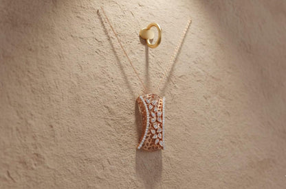 Riora moissanite leaf pendant necklace in gold, rose, and silver, showcasing a delicate leaf design on a hypoallergenic chain.