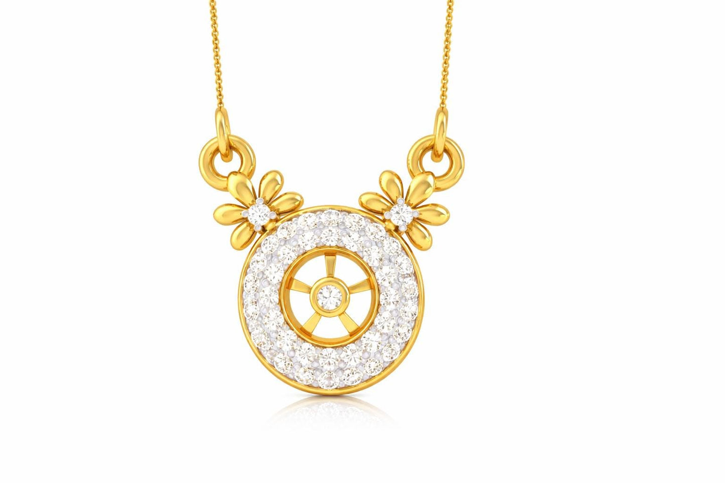 Riora moissanite halo pendant necklace with floral design, rose gold circle charm, elegant bridal jewelry, perfect gift.