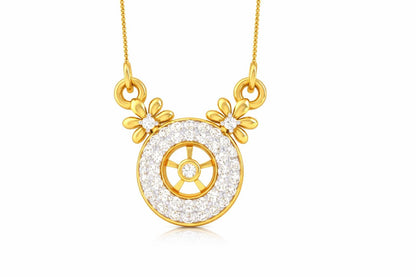 Riora moissanite halo pendant necklace with floral design, rose gold circle charm, elegant bridal jewelry, perfect gift.