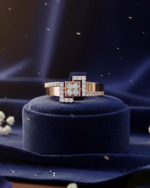 Riora luxury moissanite geometric ring in gold and silver, minimalist dainty engagement and promise band with modern design.