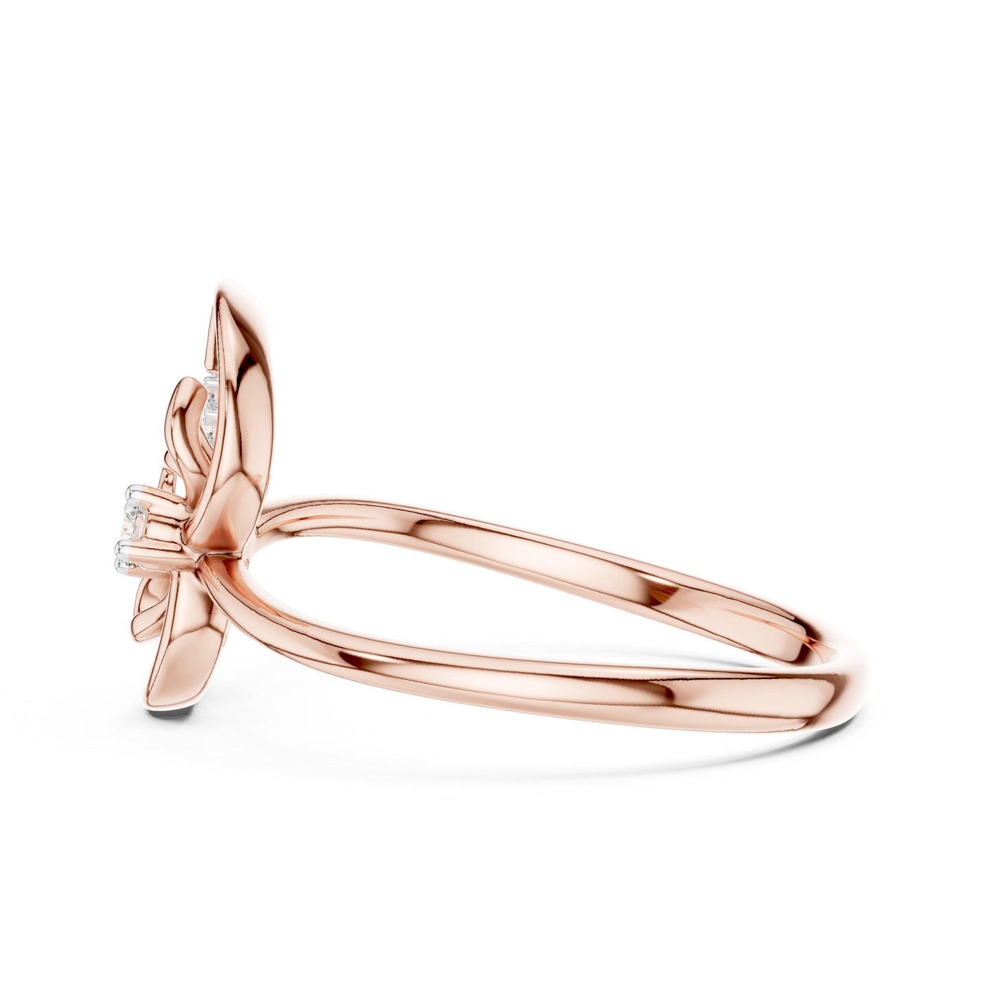 Riora moissanite floral butterfly engagement ring in rose gold, delicate nature-inspired jewelry for women.