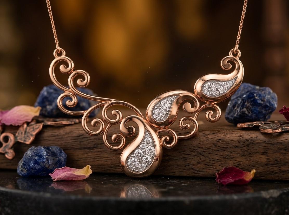 Riora moissanite scroll necklace with vintage-style pendant in rose gold, silver, and gold jewelry, bridal statement gift.