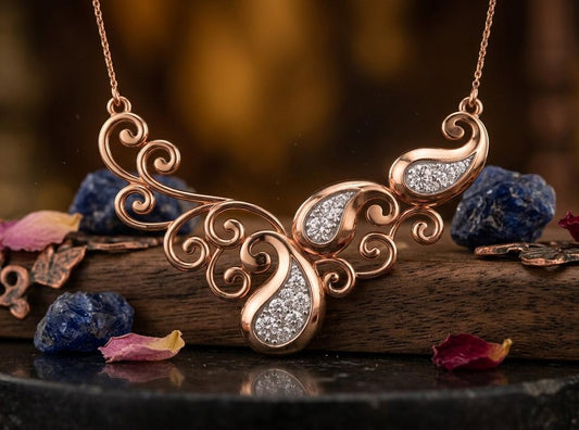 Riora moissanite scroll necklace with vintage-style pendant in rose gold, silver, and gold jewelry, bridal statement gift.
