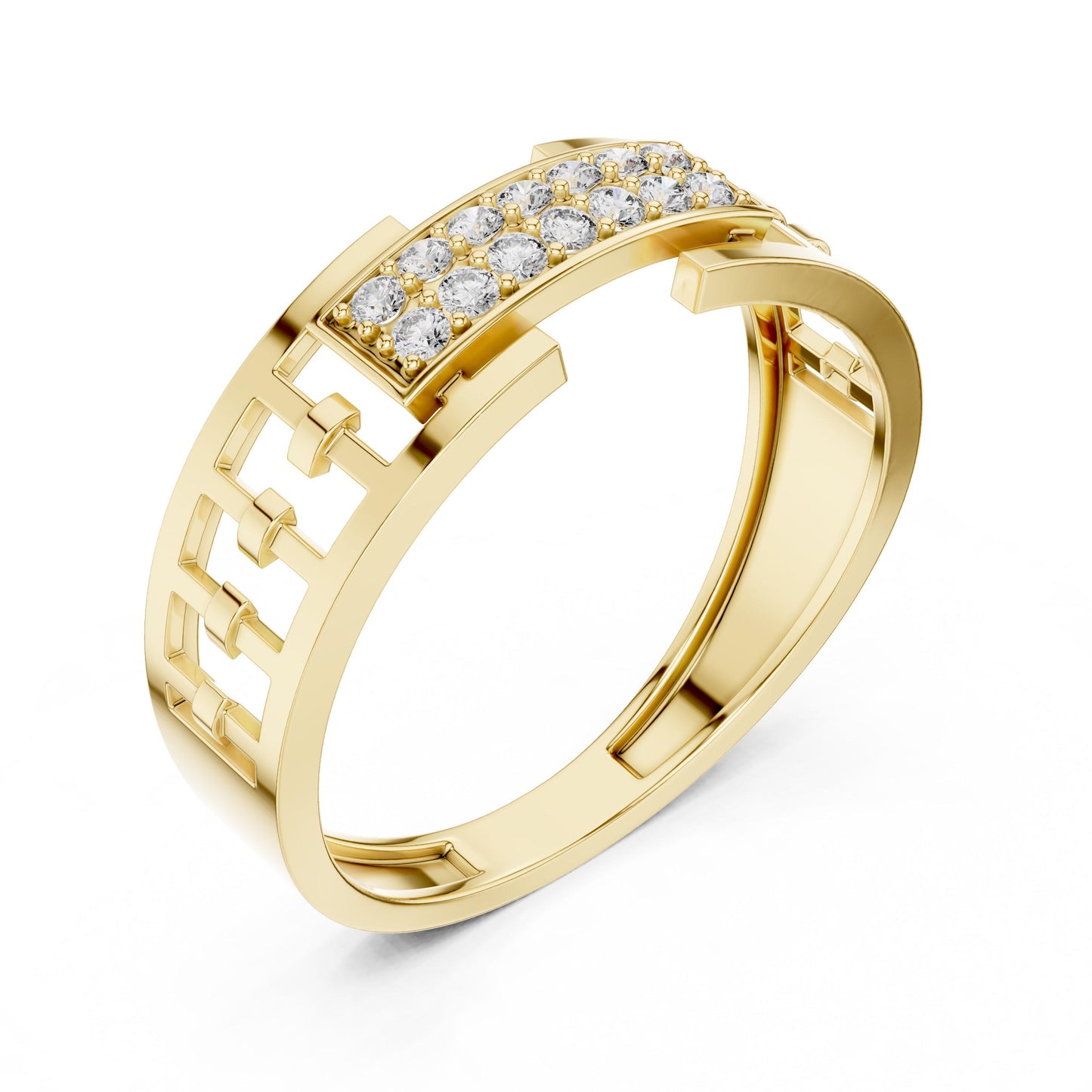 Riora wide CZ link band ring in gold and rose silver, hypoallergenic statement jewelry for women, featuring a bold, elegant design.