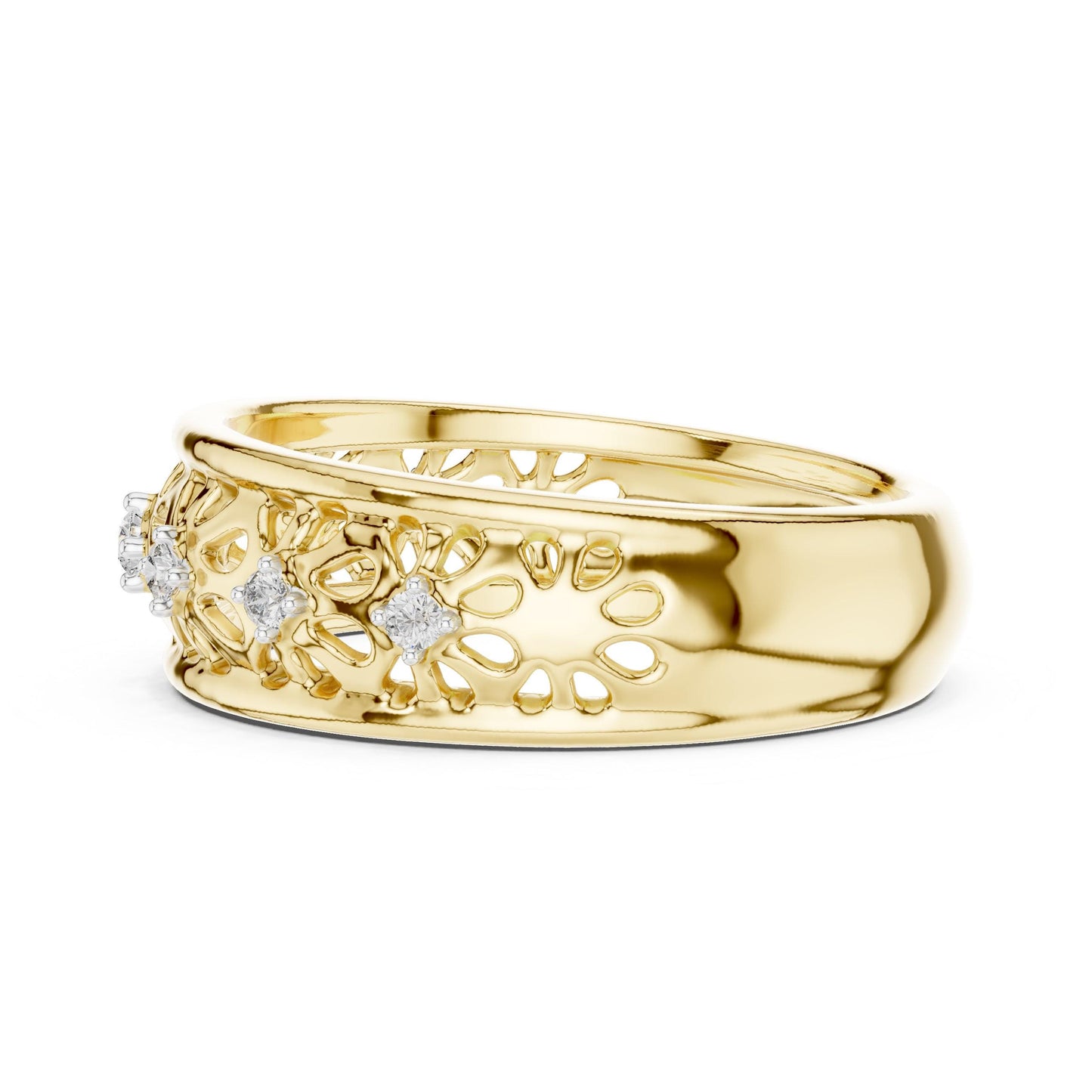 Vintage floral moissanite wedding band in rose gold with delicate diamond-style design, perfect for bridal stacking by Riora.