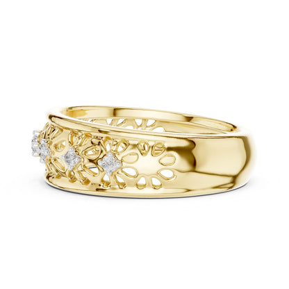 Vintage floral moissanite wedding band in rose gold with delicate diamond-style design, perfect for bridal stacking by Riora.